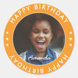 Modern Simple Orange Kids Happy Birthday Foto Runder Aufkleber