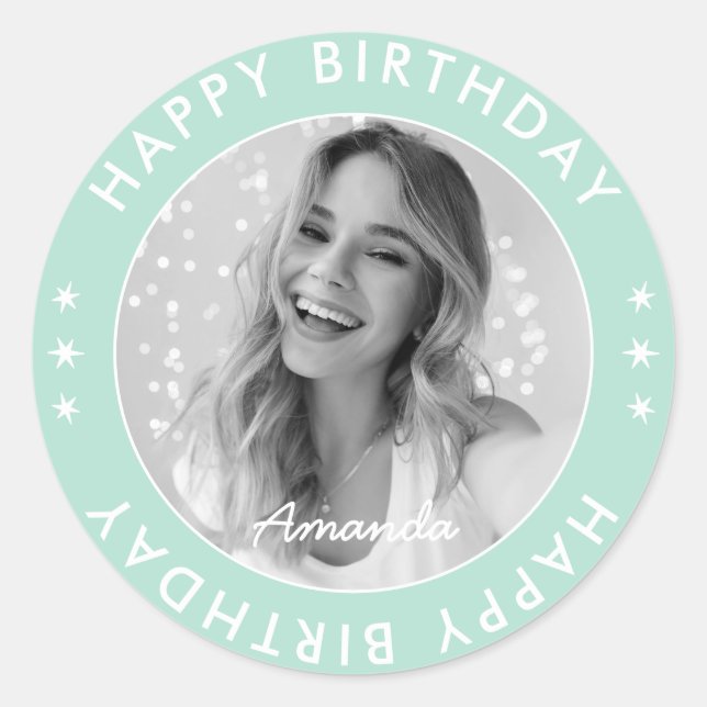 Modern Simple Pastel Aqua Happy Birthday Foto Runder Aufkleber (Vorderseite)
