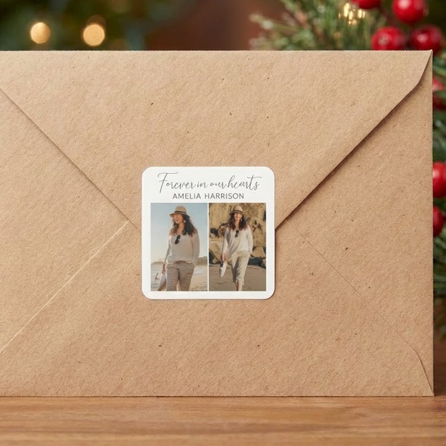 Modern & Simple Photo Collage Funeral  Quadratischer Aufkleber (Von Creator hochgeladen)