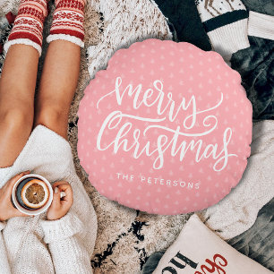 Modern Simple Pink Frohe Weihnachtsnamen Rundes Kissen