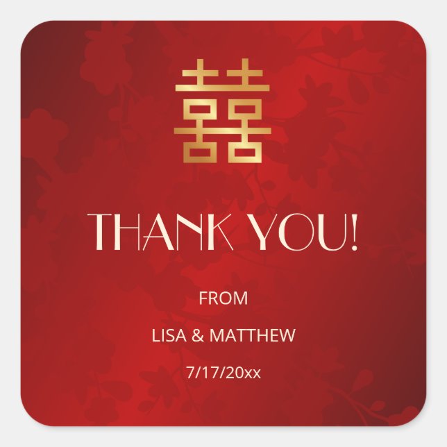 Modern Simple Red Chinese Wedding Thank You Quadratischer Aufkleber (Vorderseite)