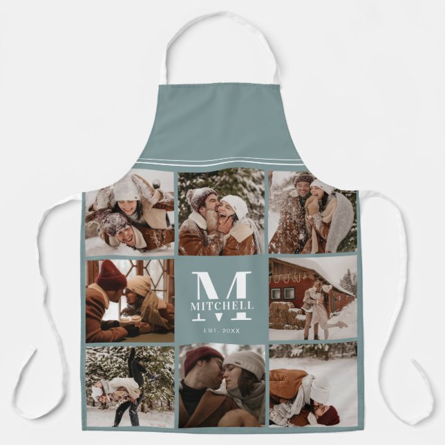 Modern Simple Sage Green Foto Collage | Monogramm Schürze (Vorderseite)