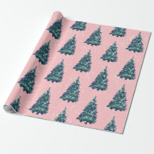 Modern Simple Snowy Green Christmas Trees Pink