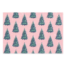 Modern Simple Snowy Green Christmas Trees Pink