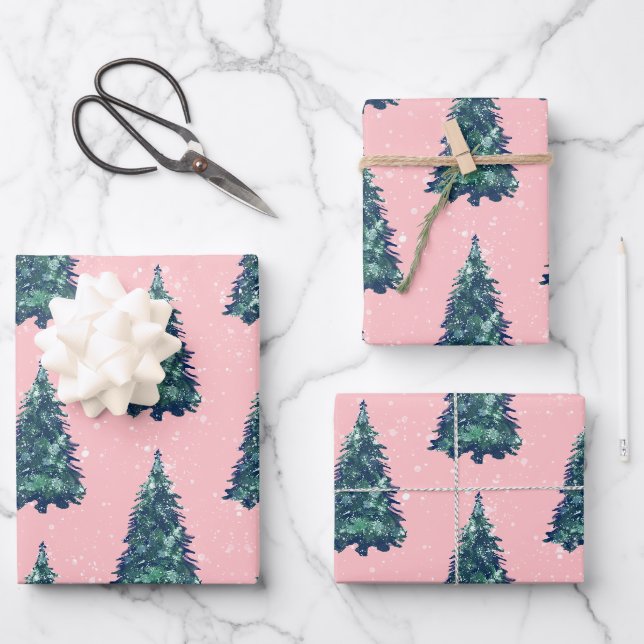 Modern Simple Snowy Green Christmas Trees Pink Geschenkpapier Set (Vorderseite)