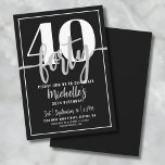 Modern Simple Stylish Script 40. Geburtstag Party Einladung<br><div class="desc">Eine einfache und moderne Party Einladung aus dem 40. Jahrhundert, die perfekt zum Feiern dieses Meilensteins im Stil. Das elegante Design ist mit einem fett schwarzen Hintergrund und einem prominenten "40" oben ausgestattet. Unten ist "Vierzig" elegant in Skriptkalligraphie geschrieben, wodurch eine Touch der Raffinesse hinzugefügt wird. Der Text verbindet eine...</div>