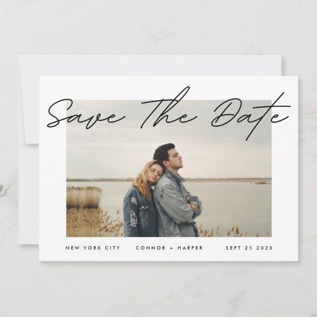 Modern Simple Text Border White Foto Black Onyx Save The Date (Vorderseite)
