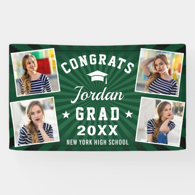 Modern Simple White Green Graduation Party 4 FOTO Banner (Horizontal)