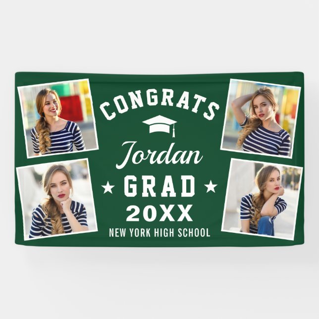 Modern Simple White Green Graduation Party 4 FOTO Banner (Horizontal)
