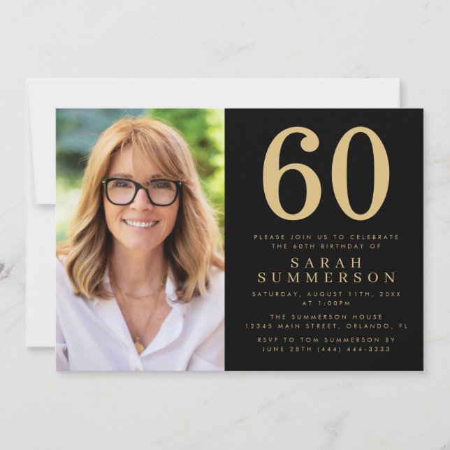 Modern Sixty Black Gold Photo 60th Birthday Einladung (Vorderseite)