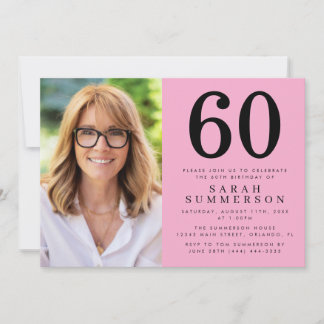 Modern Sixty Pink Black Photo 60th Birthday Party Einladung