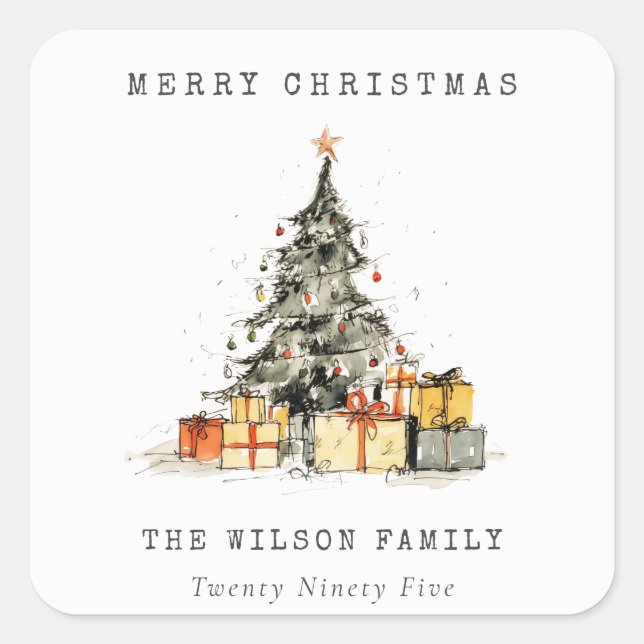 Modern Sketchy Holiday Christmas Tree Gifts Photo Quadratischer Aufkleber (Vorderseite)