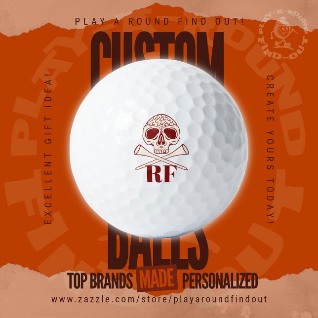 Modern Skull and Cross Tees Monogrammed Initials Golfball (Custom golf balls by Play A Round Find Out, Initials "RF" featured beneath a Skull and Cross Tees)