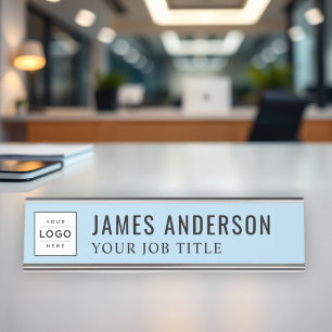 Modern Sky Blue Personalisiert Business Logo Schreibtischnamensplakette