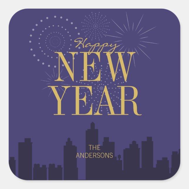 Modern Skyline Happy New Year's Sticker (Vorderseite)
