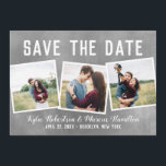Modern Slate Snapshots Save the Date 3 Foto<br><div class="desc">Teilen Sie Ihre Neuigkeiten mit dieser schicken Save the Date Karte mit drei Snapshot-Fotos und einem texturierten grauen Hintergrund.</div>