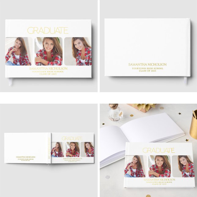 Modern Sleek White 3-Foto Abschluss Gästebuch (Modern, white, 3-photo graduation party gold foil guestbook)