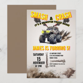 Modern SMASH & CRASH Monster Truck Birthday Party Einladung
