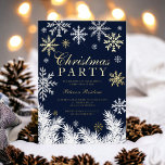 Modern snowflake pine navy winter Christmas party Folieneinladung<br><div class="desc">A modern winter Holiday  Christmas real gold foil and faux glitter,  silver and white snowflakes illustration on editable navy blue background,  all the illustrations color are editable to match your own color palette with white pine tree branches on navy blue background with an elegant script typography.</div>