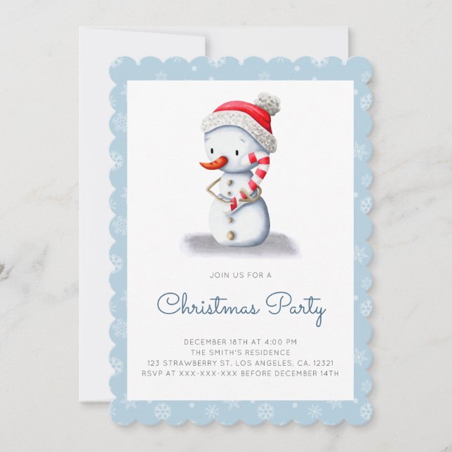 Modern Snowman Candy Cane Holiday Weihnachts-Party Einladung (Vorderseite)