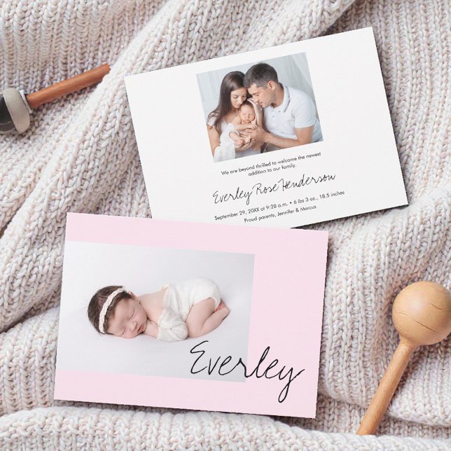 Modern Soft Pink Baby Girl Name Script Photo Birth Ankündigung (Pink custom baby girl photo birth announcement cards.)