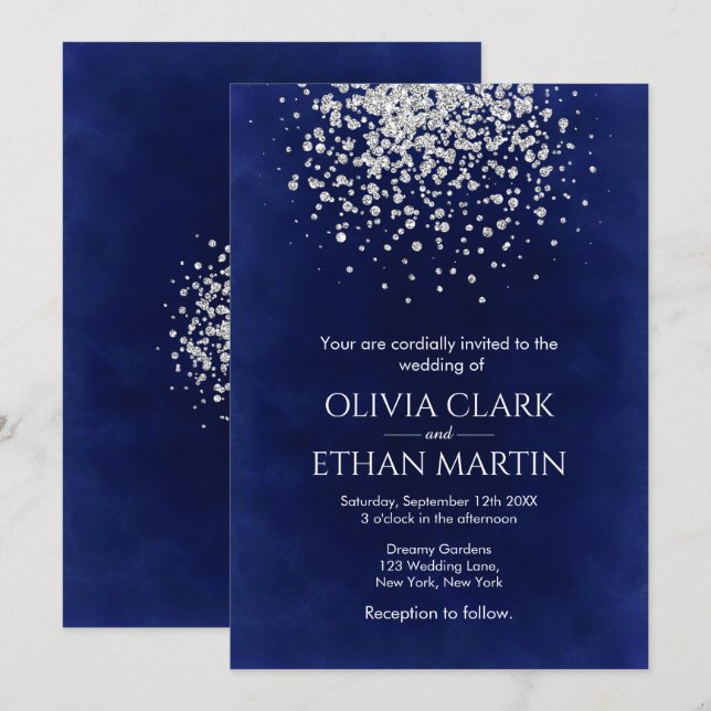 Modern Splash of Silver Glitzer on Royal Blue Einladung (Vorne/Hinten)