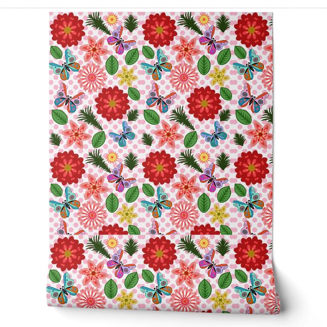 Modern Spring Garden Butterfly Floral  Tapete (Abrollen)