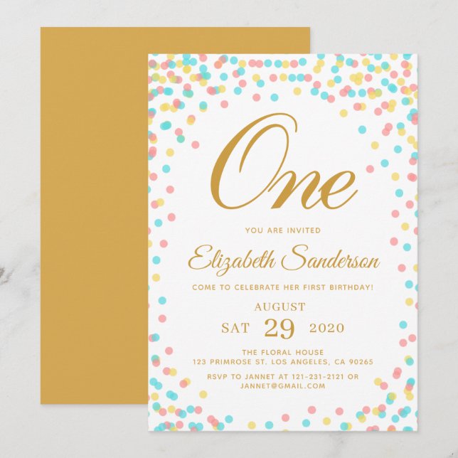 Modern Sprinkle Rainbow Gold Polka Dot Birthday Einladung (Vorne/Hinten)