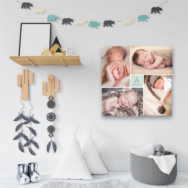 Modern Square Baby Boy Monogram 4 Foto Collage Leinwanddruck (Modern Aqua Blue Square Baby Boy Monogram 4 Photo Collage Canvas Print @ fatfatin_box)