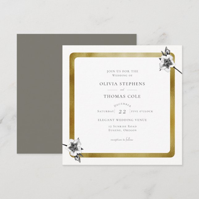 Modern Square Gold Xmas Rose Weihnachten Hochzeit Einladung (Vorne/Hinten)