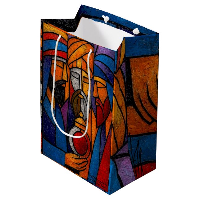 Modern Stained Glass Three Wise Men Mittlere Geschenktüte (Vorderseite Schrägansicht)