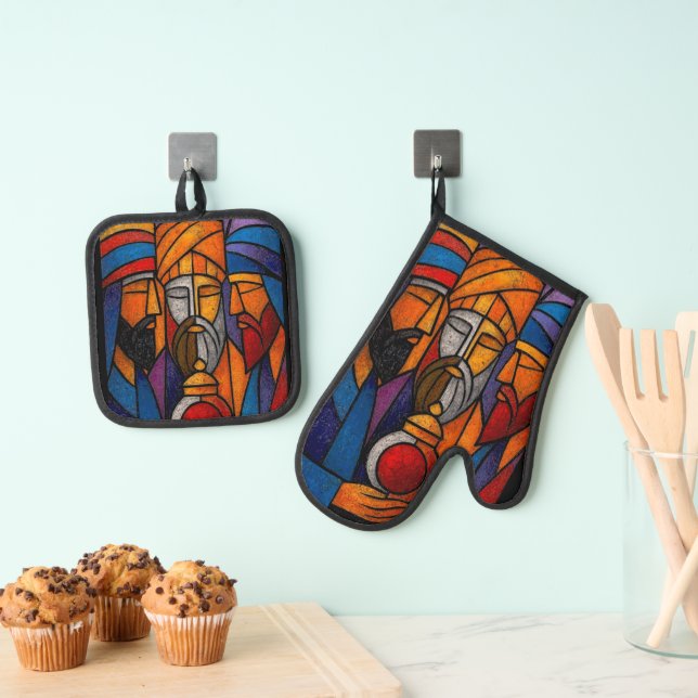 Modern Stained Glass Three Wise Men Ofenhandschuh & Topflappen-Set (Insitu (Hängend))