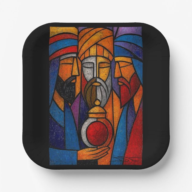 Modern Stained Glass Three Wise Men Pappteller (Vorderseite)