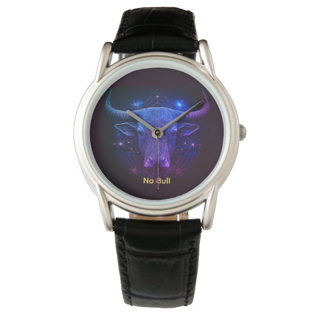 Modern Starry Blue "No Bull" Taurus Armbanduhr (Vorderseite)