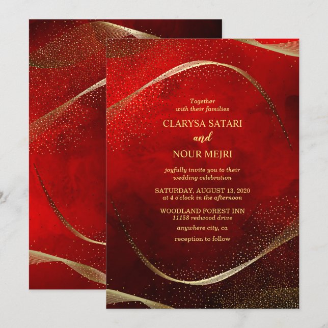 Modern, stilvoll Gold und Rot Einladung (Vorne/Hinten)