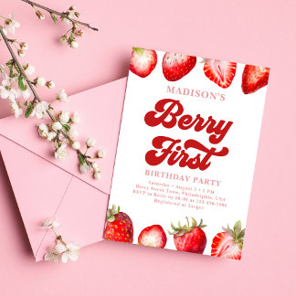 Modern Strawberry Berry Erster Geburtstag Einladung