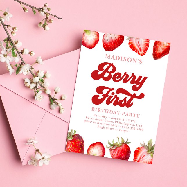 Modern Strawberry Berry Erster Geburtstag Einladung (Von Creator hochgeladen)