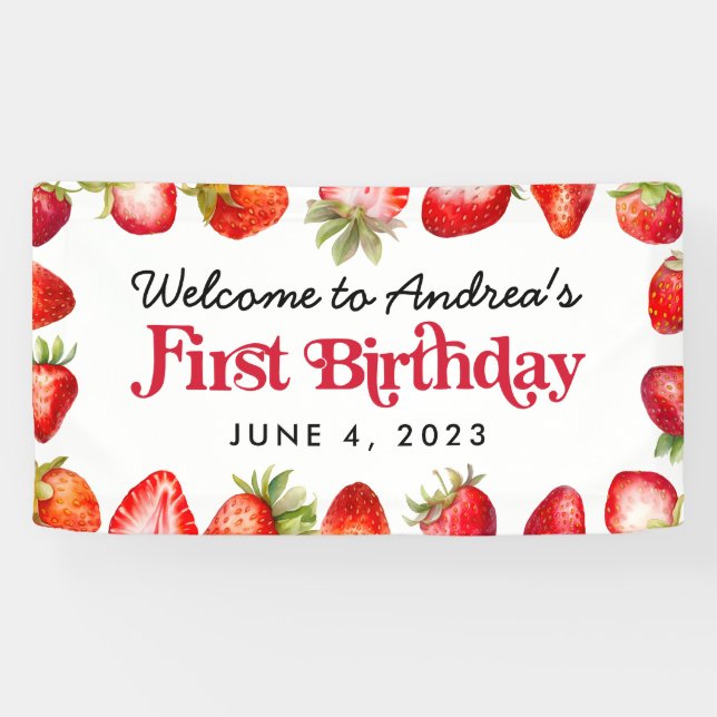 Modern Strawberry Kids First Birthday Willkommen Banner (Horizontal)