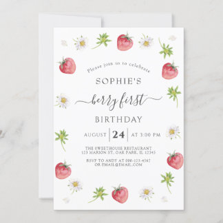 Modern Strawberry Sweet Berry Erster Geburtstag Einladung