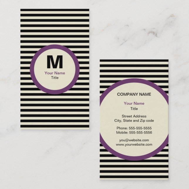 Modern Strip Monogram Business Card - Schwarz/Crem Visitenkarte (Vorne/Hinten)