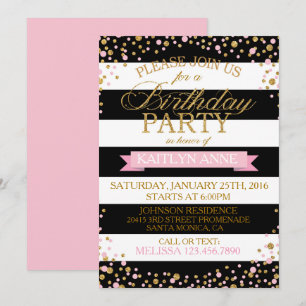 Modern Stripe Pink und Gold Glitzer Dots Geburtsta Einladung