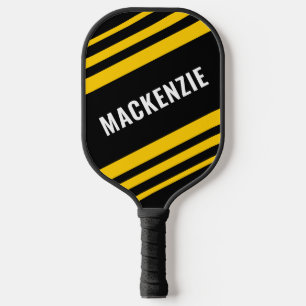 Modern Striped Black Gold Personalized Pickleball Schläger