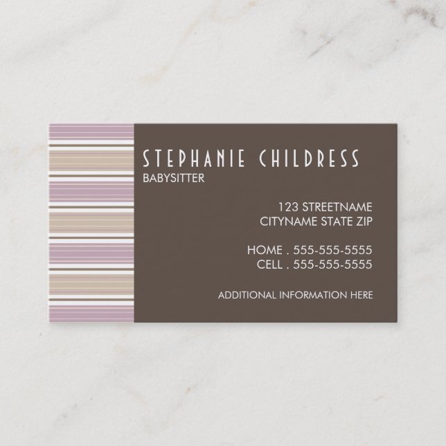 Modern Stripes Babysitting Business Card in Pflaum Visitenkarte (Vorderseite)