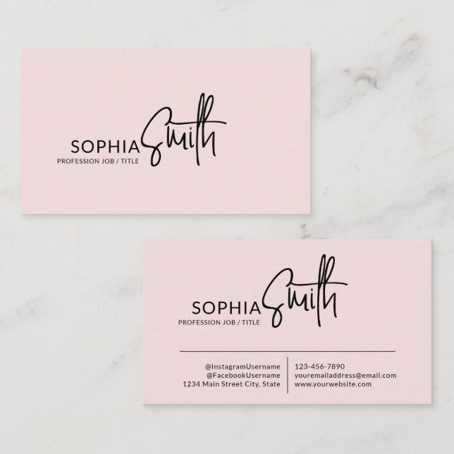 Modern Stylish Blush Pink Handwritten Script Visitenkarte (Vorne/Hinten)