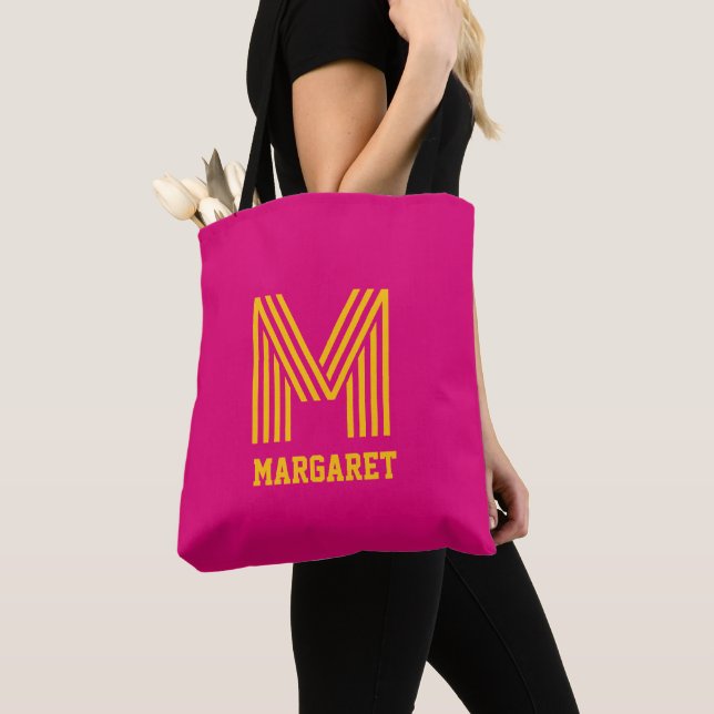 Modern stylish fuchsia &yellow monogram name Tote Tasche (Von Nahem)