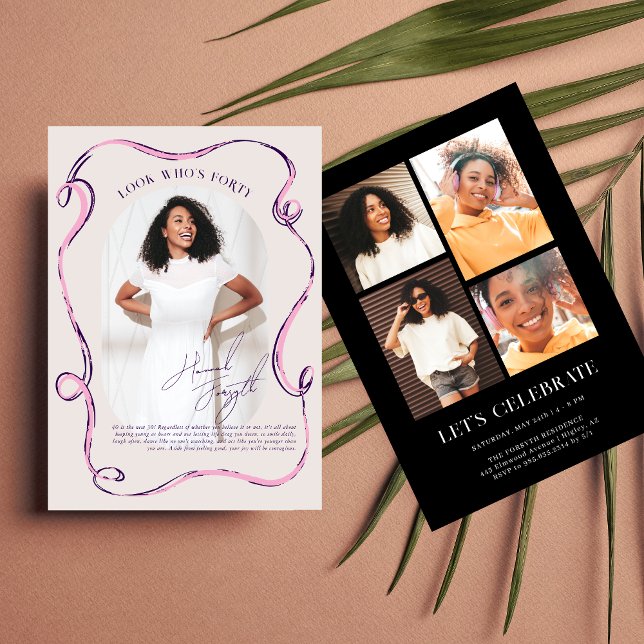 Modern Stylish Ribbon Frame Photo Birthday Einladung (Von Creator hochgeladen)