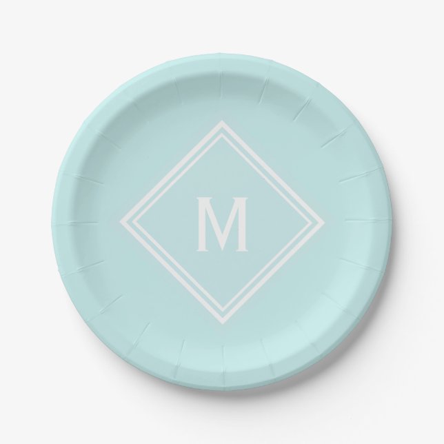 Modern Stylish Robin's Egg Blue Custom Monogram Pappteller (Vorderseite)