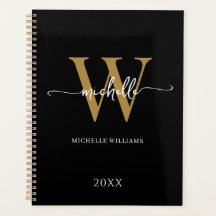 Modern Stylish Script Black Gold Monogram 2023