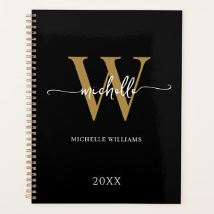 Modern Stylish Script Black Gold Monogram 2023 Planer