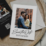 Modern stylish script two photo save the date<br><div class="desc">This stylish save the date features a retro inspired script "save the date" under a single photo on a beige background along with simple custom text. The back of this modern save the date has a coordinating black stripe along with a horizontal photo, room for a custom message and a...</div>